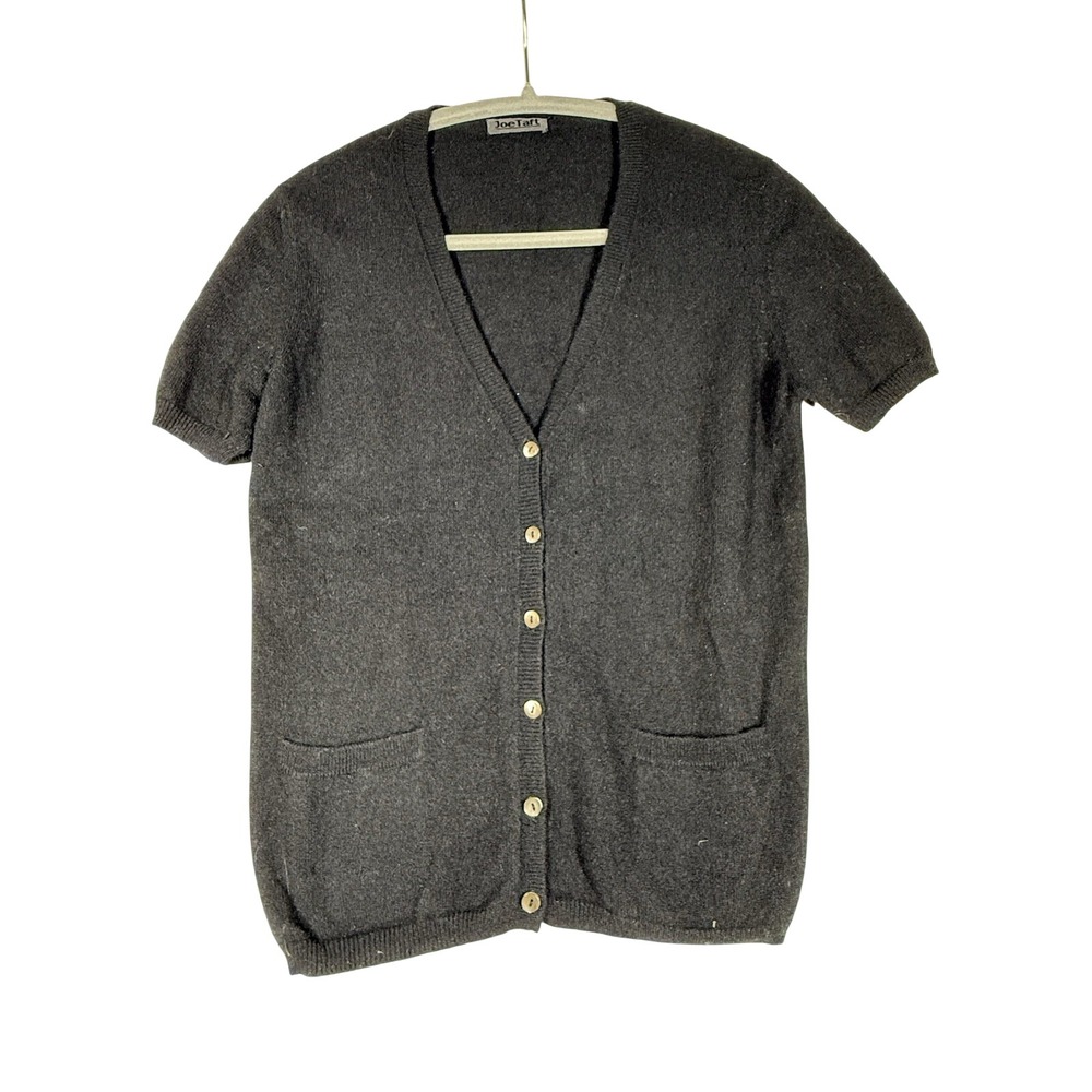 Joe Taft Cardigan Short Sleeve S Black Button Down 100% Cashmere Preppy Luxury